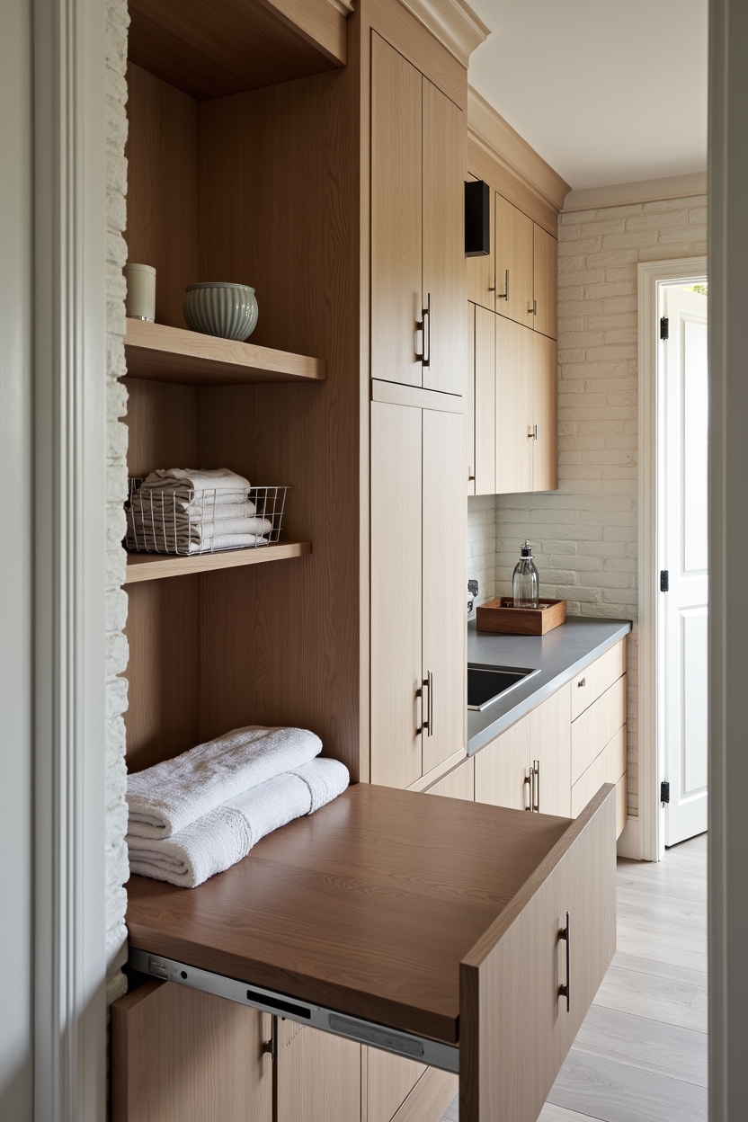 brick laundry room folding station ideas — walnut pull-out board in alcove featuring recessed walnut pull-out folding board