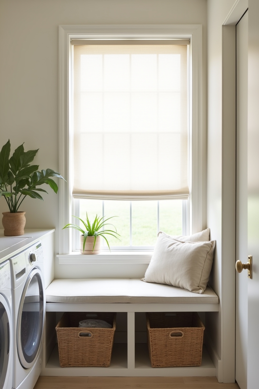 spring light laundry room folding station ideas — shallow window seat beneath a wide laundry window featuring built-in shallow window seat with hinged cushion and fold-flat table