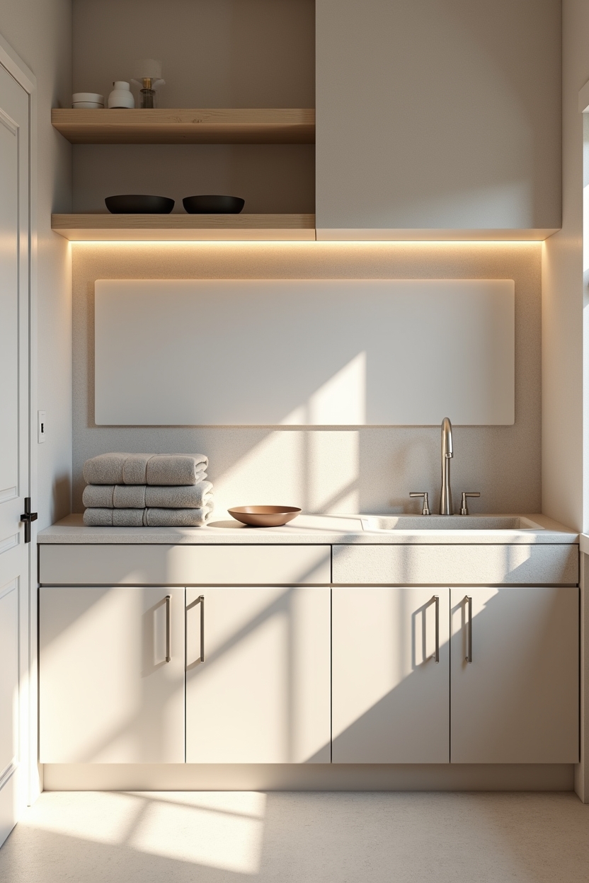 spring light laundry room folding station ideas — low pale terrazzo countertop featuring terrazzo folding counter with slim oak flap