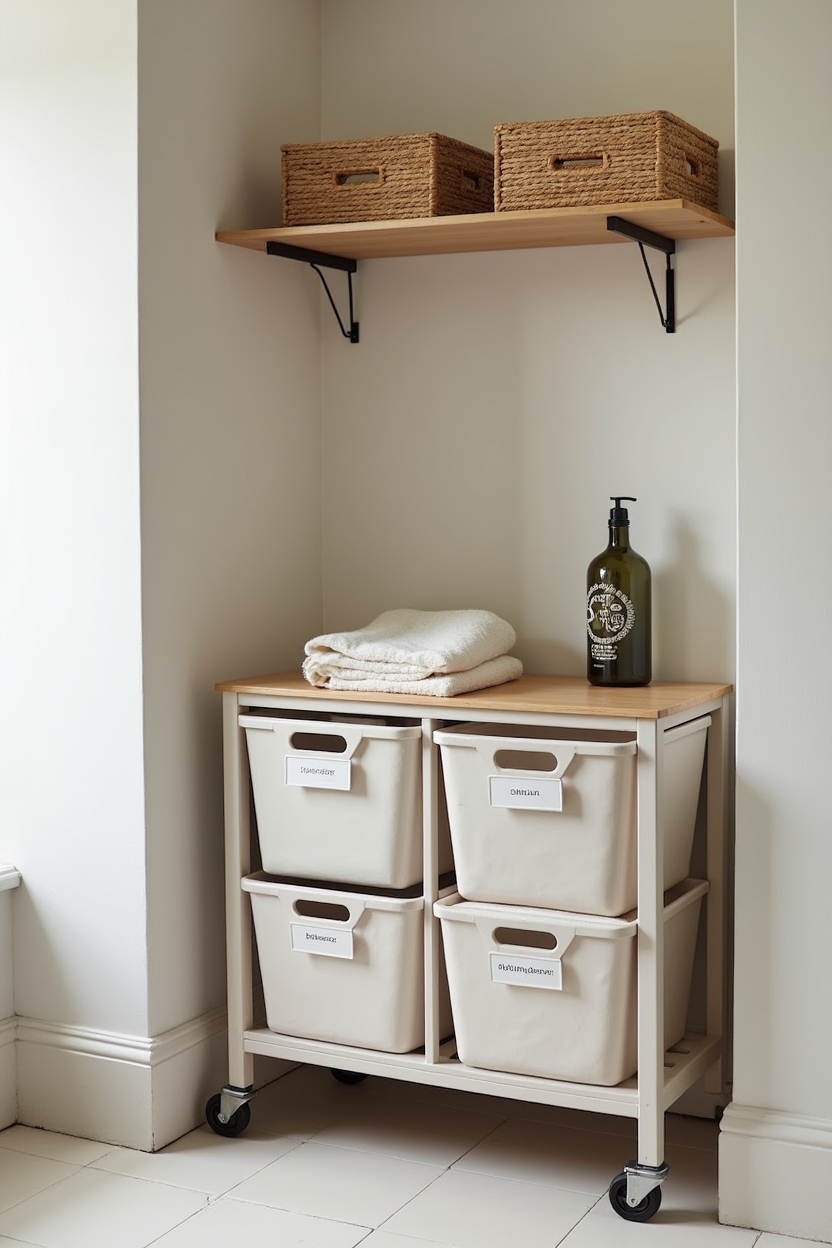 spring light laundry room folding station ideas — pastel utility cart on casters featuring pastel powder-coated utility cart with collapsible birch top
