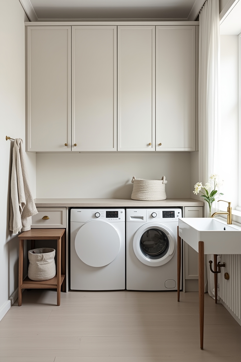 spring light laundry room folding station ideas — lined-up washer and dryer against a matte appliance wall featuring monochrome matte appliance backdrop with linen-covered folding table