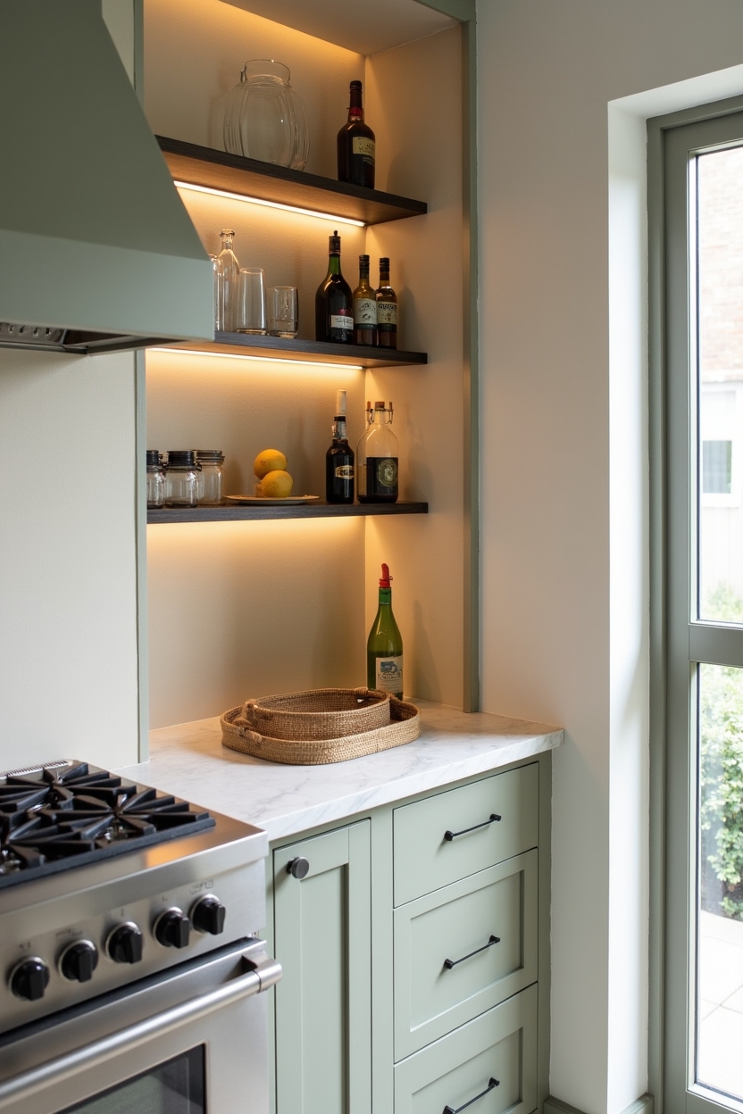 integrated beverage niche with ribbed glass shelving home decor