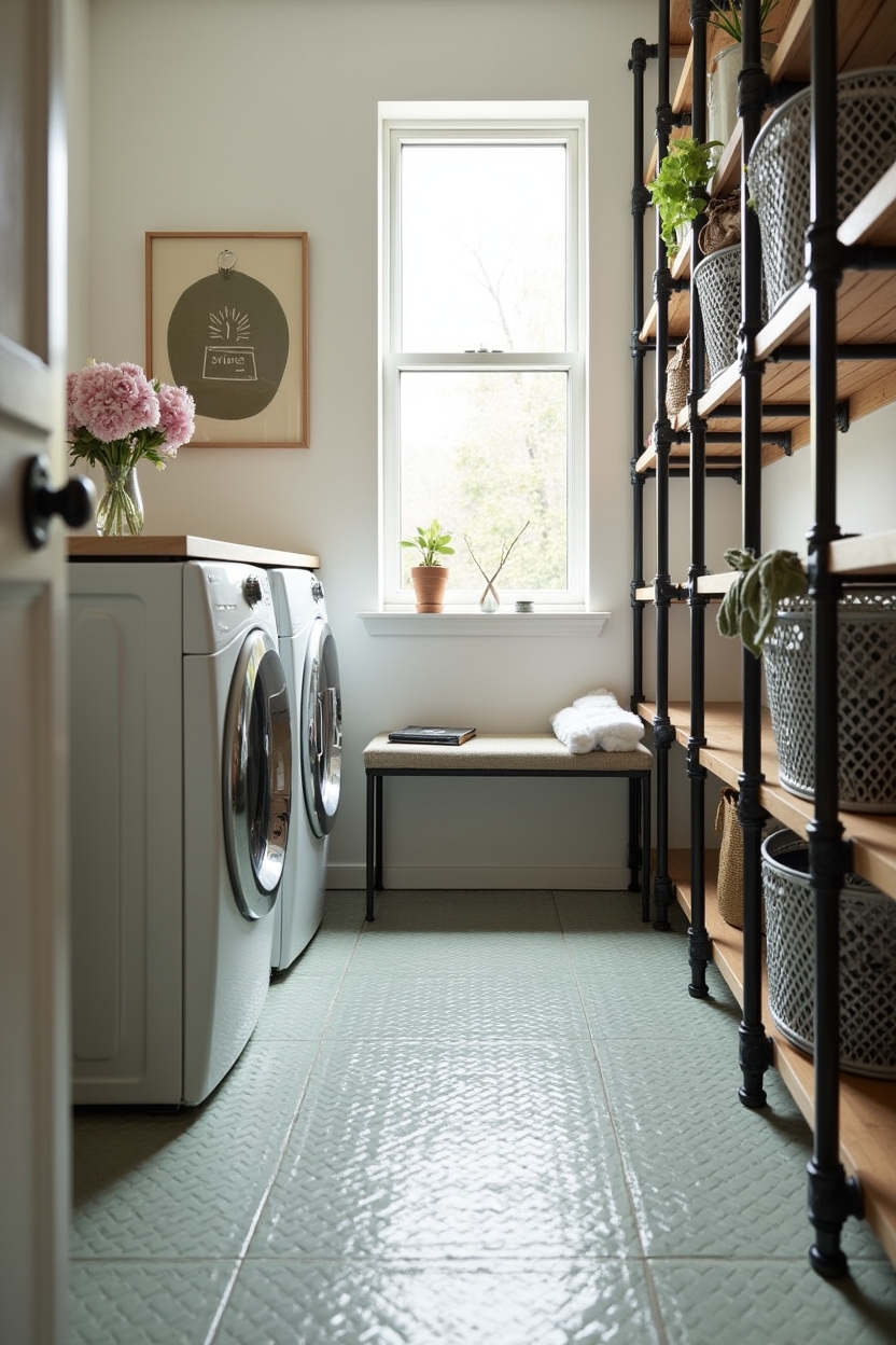 relaxing laundry room flooring ideas — stackable_mesh_steel_baskets featuring recycled_rubber_hex_tiles