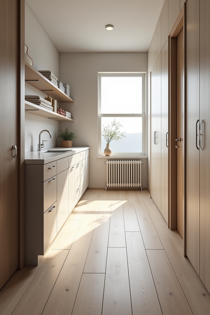 relaxing laundry room flooring ideas — stack_of_folded_linen_towels_on_open_shelf featuring large-format_heated_porcelain_planks