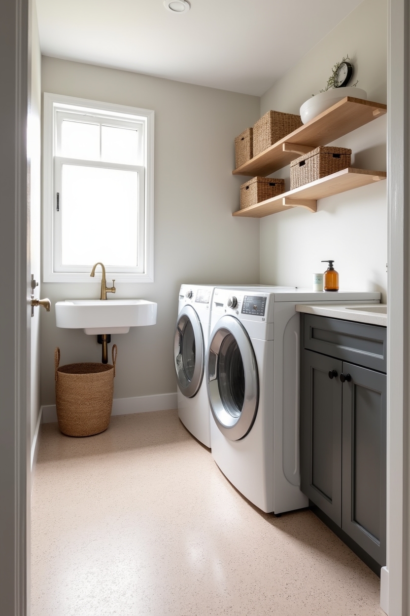 relaxing laundry room flooring ideas — white_shaker-front_washer featuring matte_terrazzo_floor_with_oversized_flecks