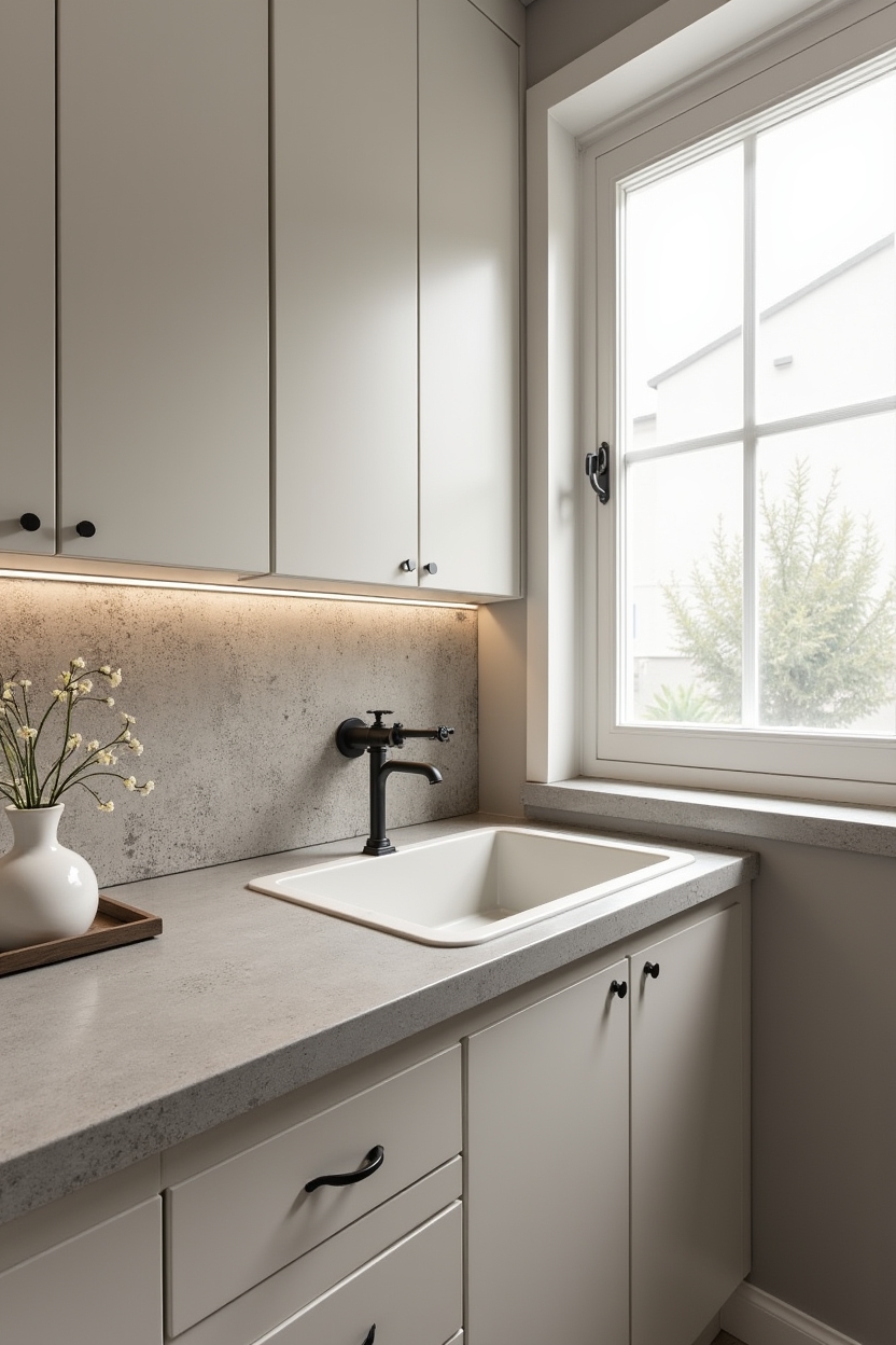 relaxing laundry room flooring ideas — matte_black_basin_mixer featuring pebble_mosaic_wet-zone_inset