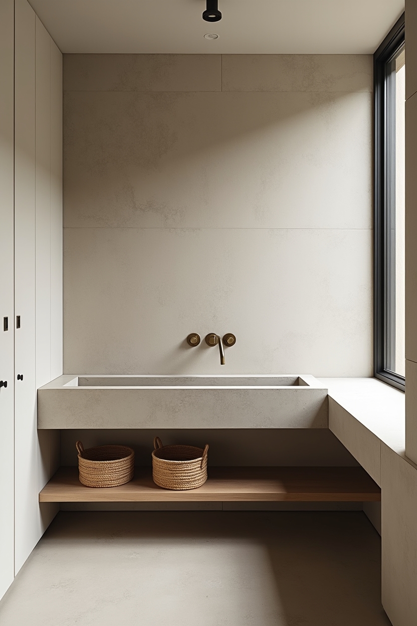 textured laundry room sink area ideas — hand-poured concrete trough sink featuring material_accent