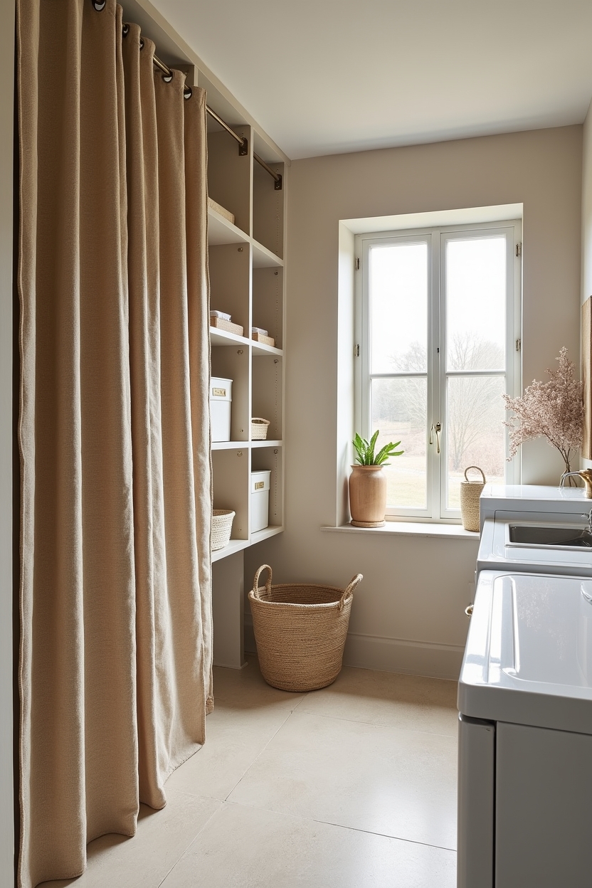 textured laundry room sink area ideas — overscale woven jute curtain featuring storage_trend