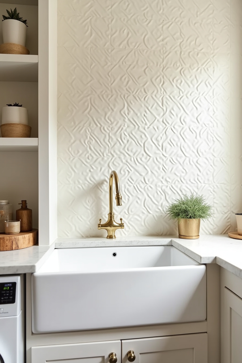 warm white laundry room ideas — textured warm white encaustic tile panel featuring backsplash_trend