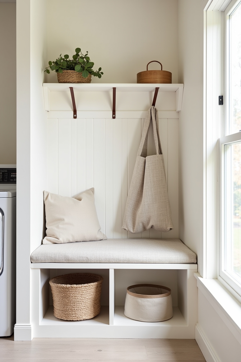 warm white laundry room ideas — built-in warm white mudroom bench with leather strap hooks featuring layout_trend
