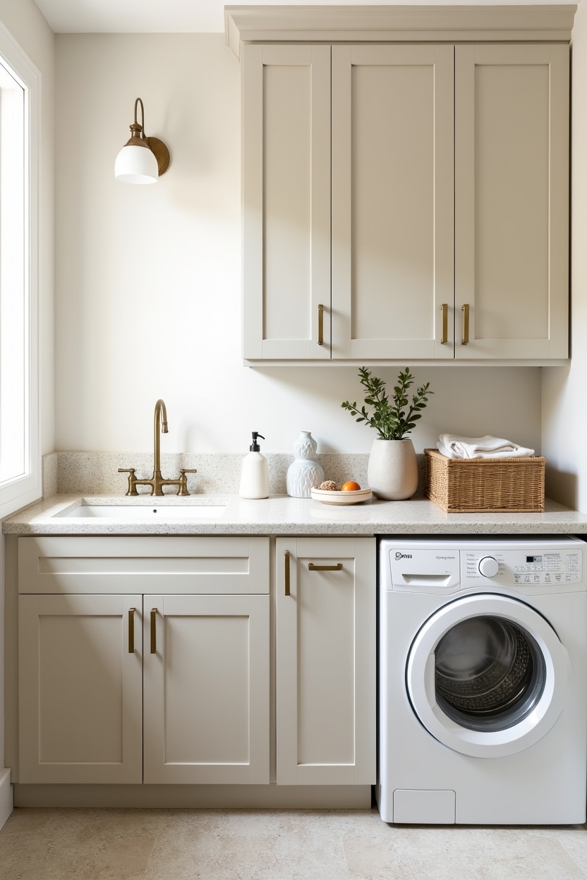 warm white laundry room ideas — pebble-terrazzo folding counter featuring material_accent