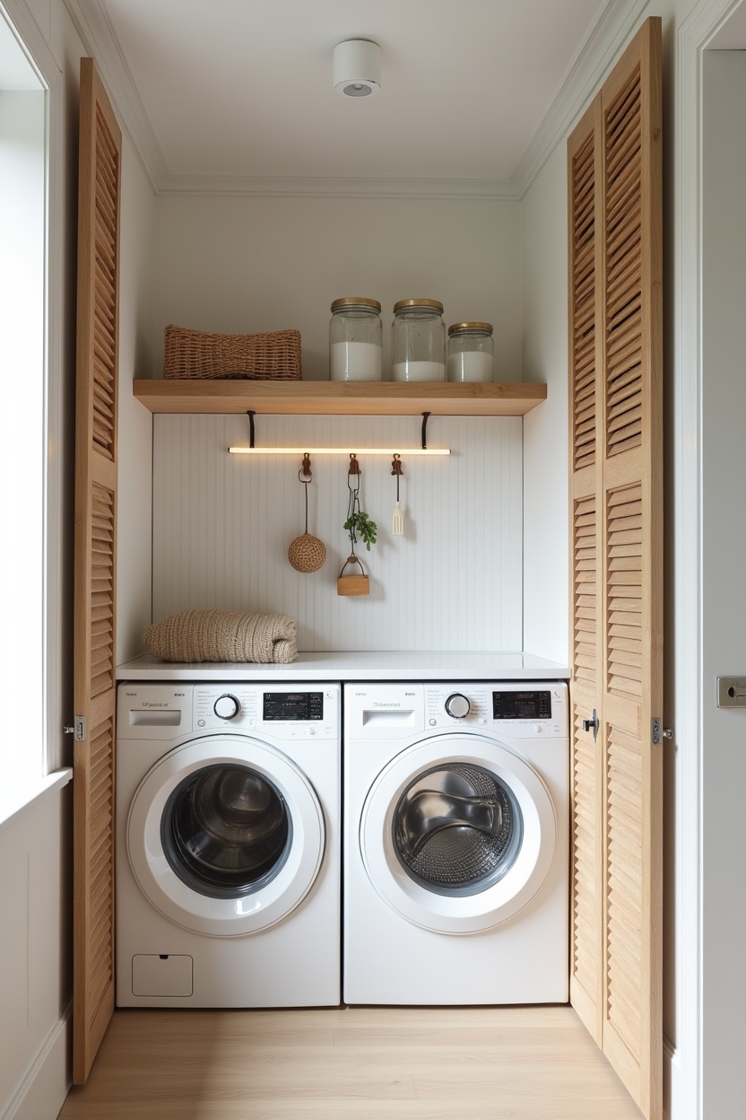 warm white laundry room ideas — rattan-louvered stacked washer alcove doors featuring storage_trend