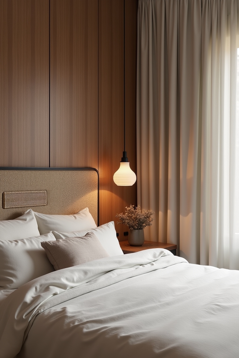textured_headboard_materials (walnut + woven rattan + silk panels) home decor