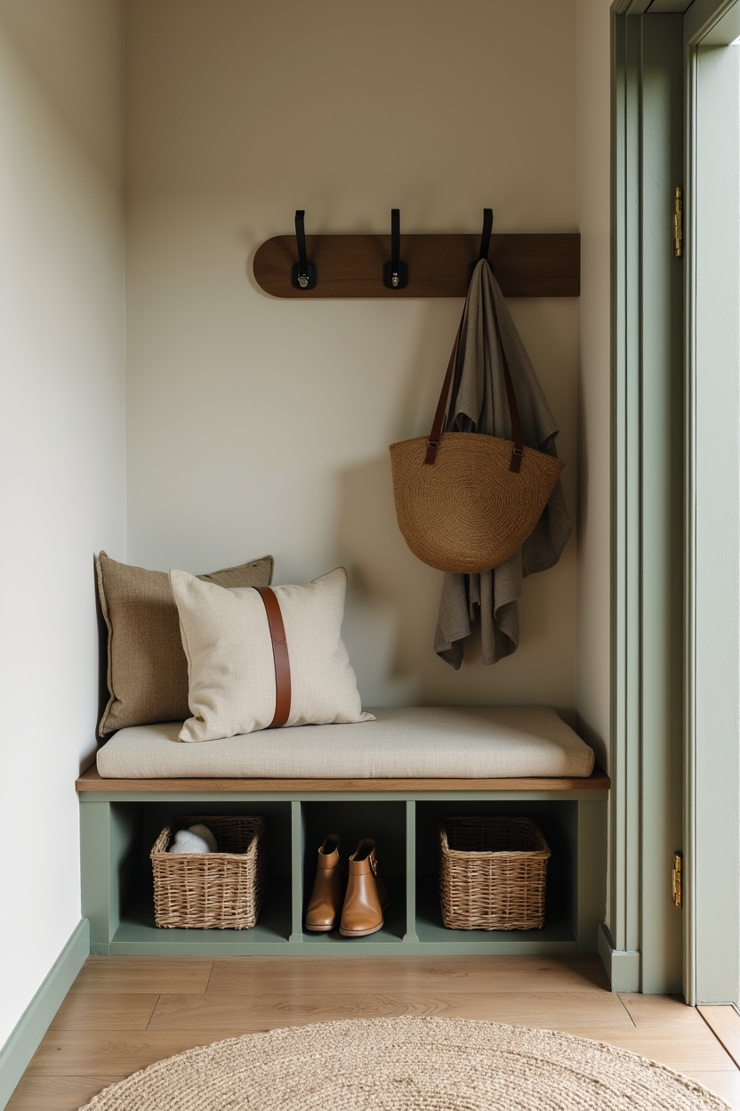 olive green entryway drop zone ideas — leather-strap_cushion_on_bench featuring built_in_bench_with_open_cubbies