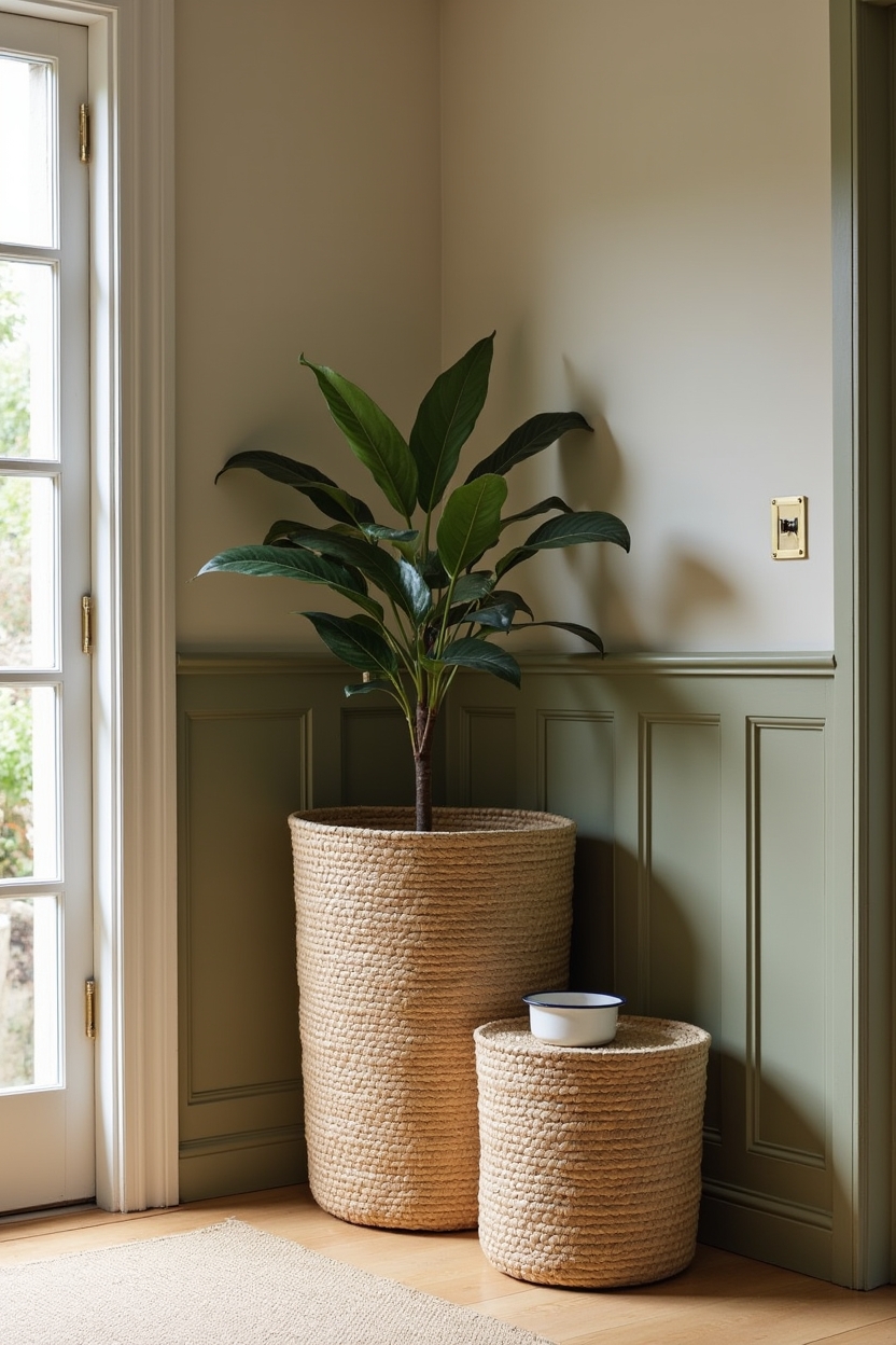 olive green entryway drop zone ideas — oversized_rattan_basket featuring stacked_rattan_baskets_and_sisal_runner
