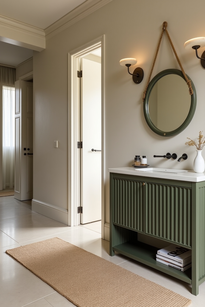 olive green entryway drop zone ideas — sculptural_round_mirror featuring fluted_olive_console