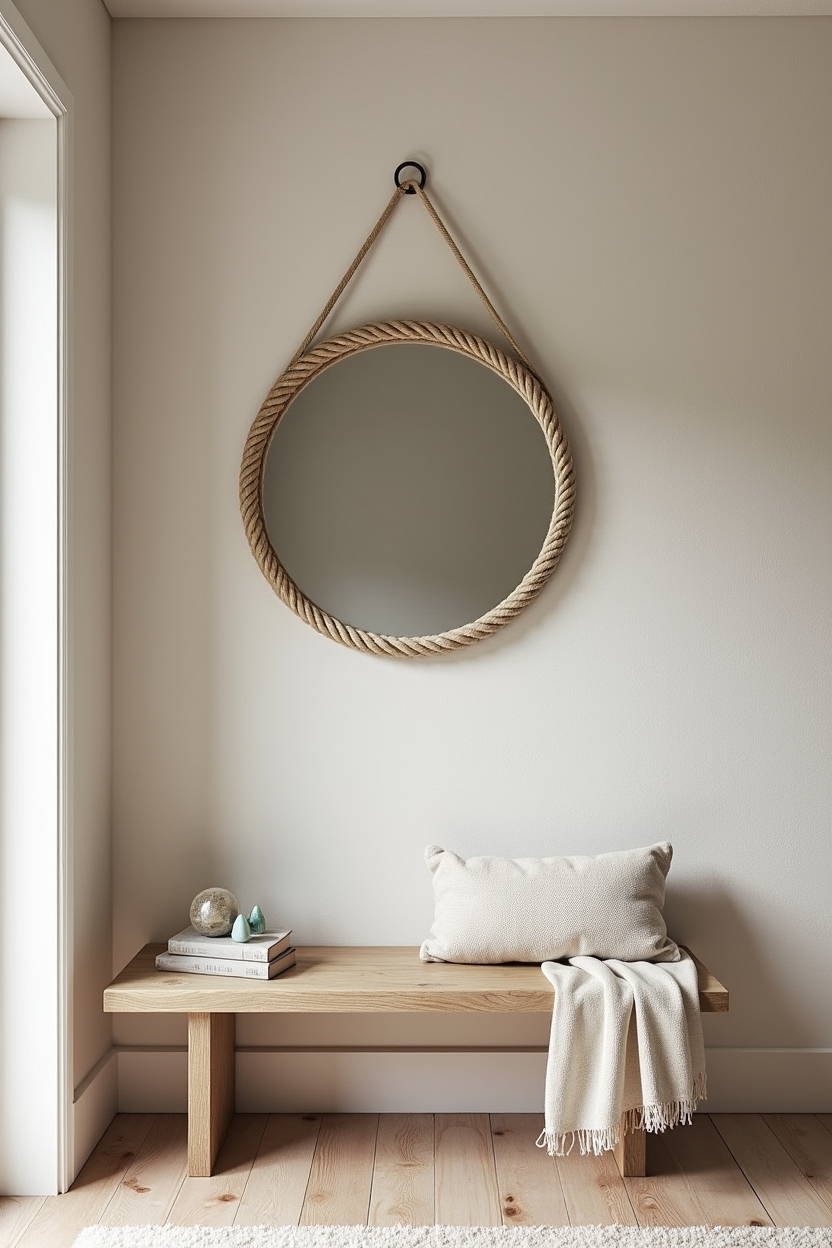 rope-framed round mirror home decor