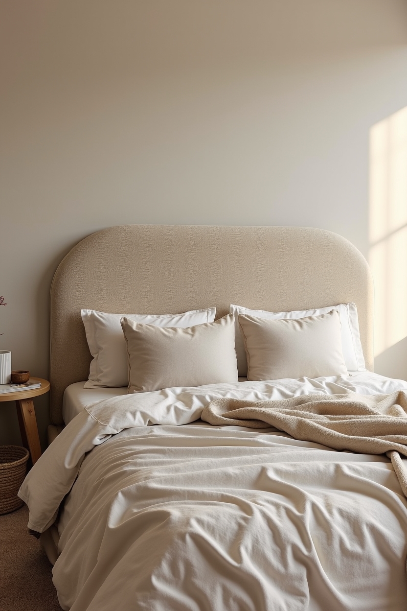 serene luxury bedroom ideas — low curved boucle headboard featuring boucle_headboard