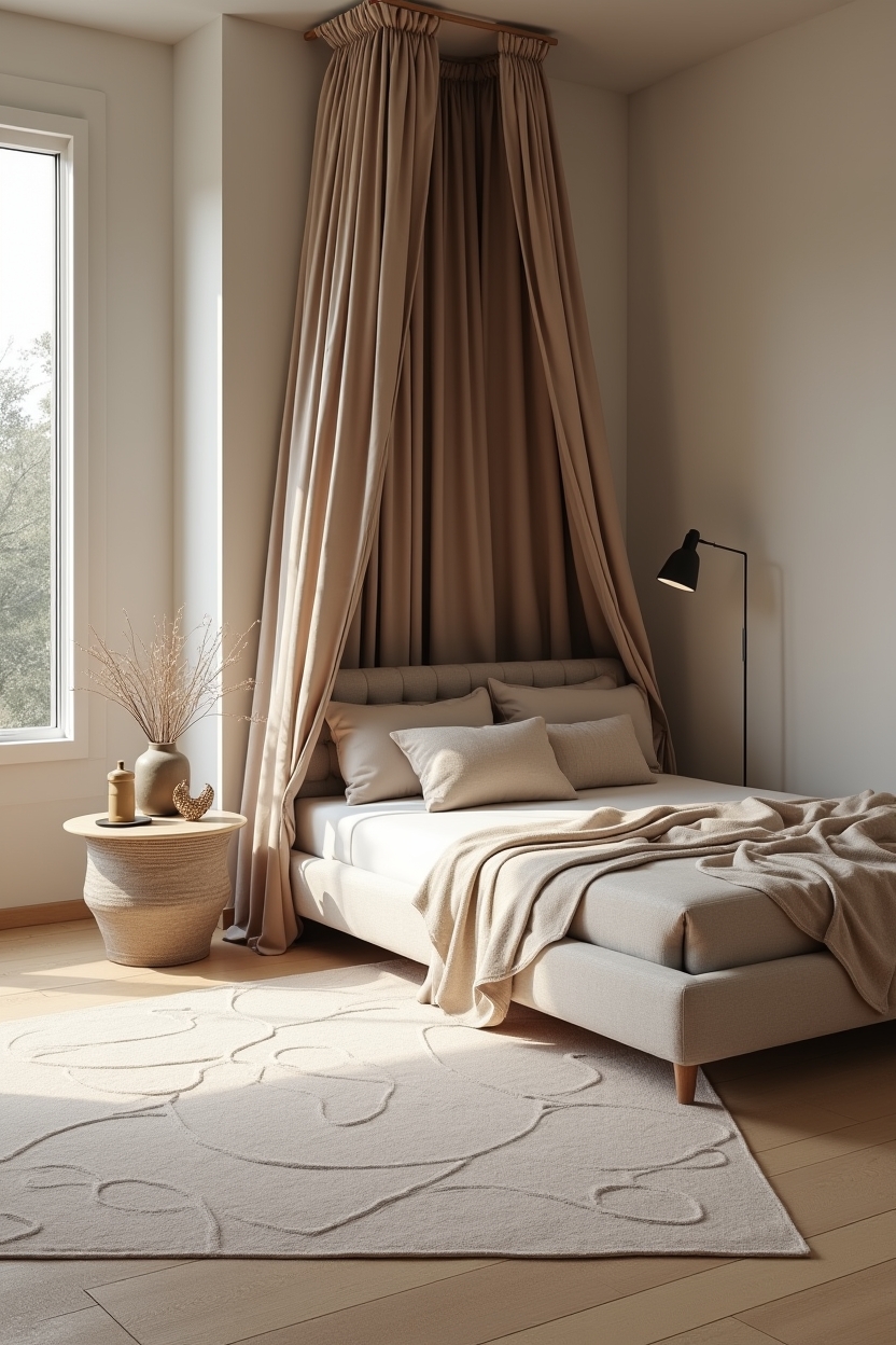 serene luxury bedroom ideas — hand-knotted flatweave rug featuring hand_knotted_flatweave
