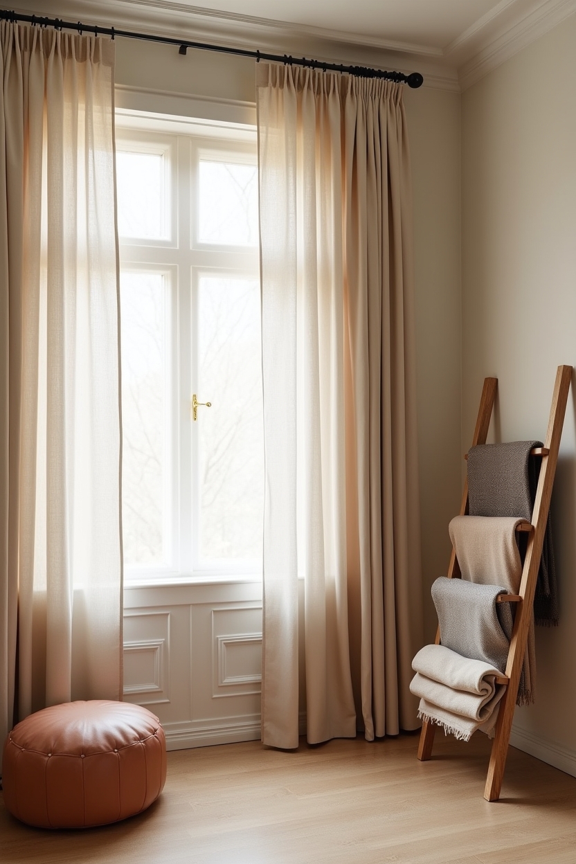 fall cozy office reading corner ideas — rattan_magazine_ladder featuring layered_window_treatments_and_rattan_ladder
