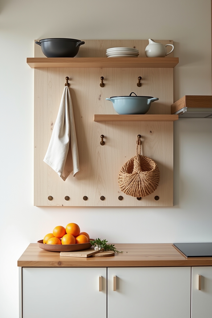 bleached driftwood pegboard for hanging cookware and baskets home decor