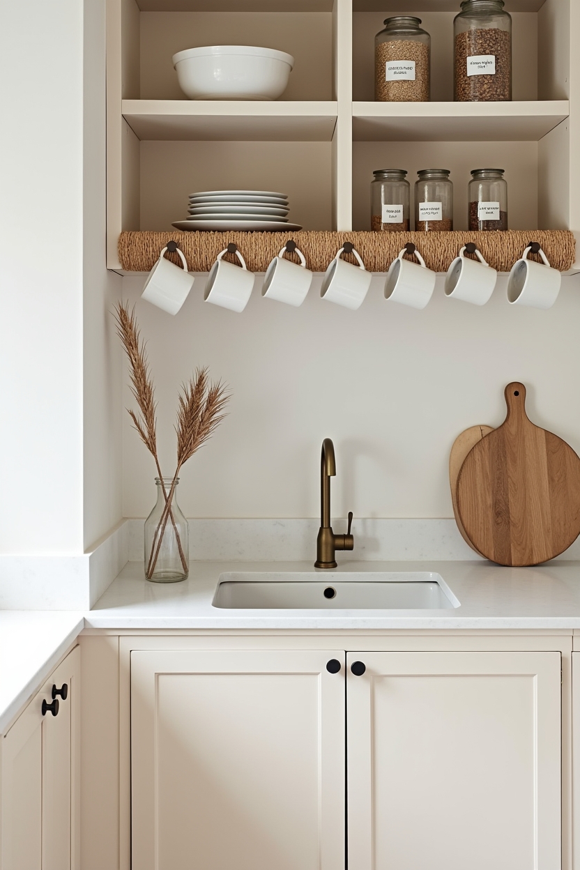 seagrass-wrapped peg rail with ceramic mug hooks home decor