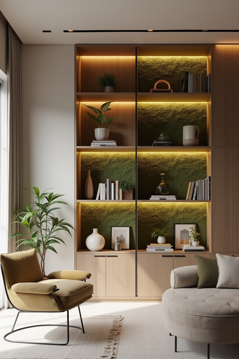 moss-backlit shelving home decor