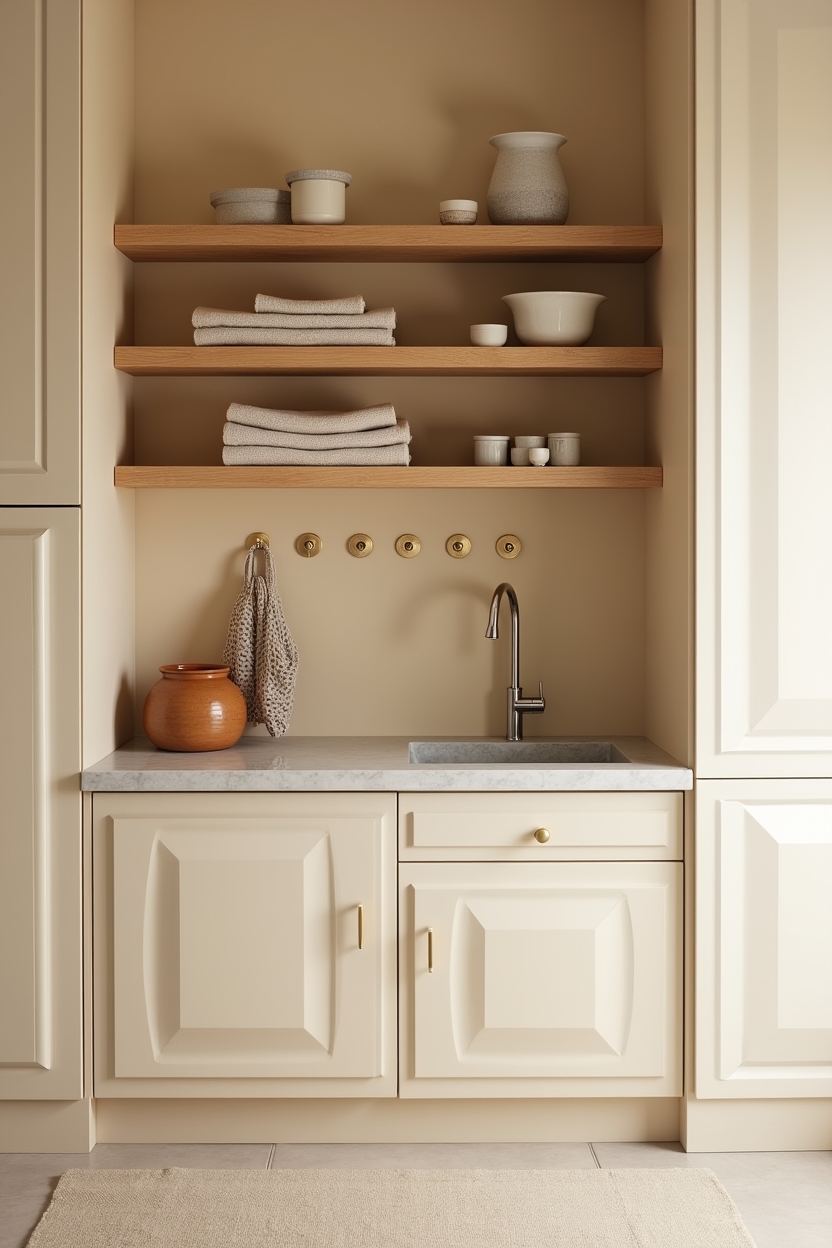 mediterranean laundry room sink area ideas — oiled oak open shelves featuring open wood shelving vignette above sink