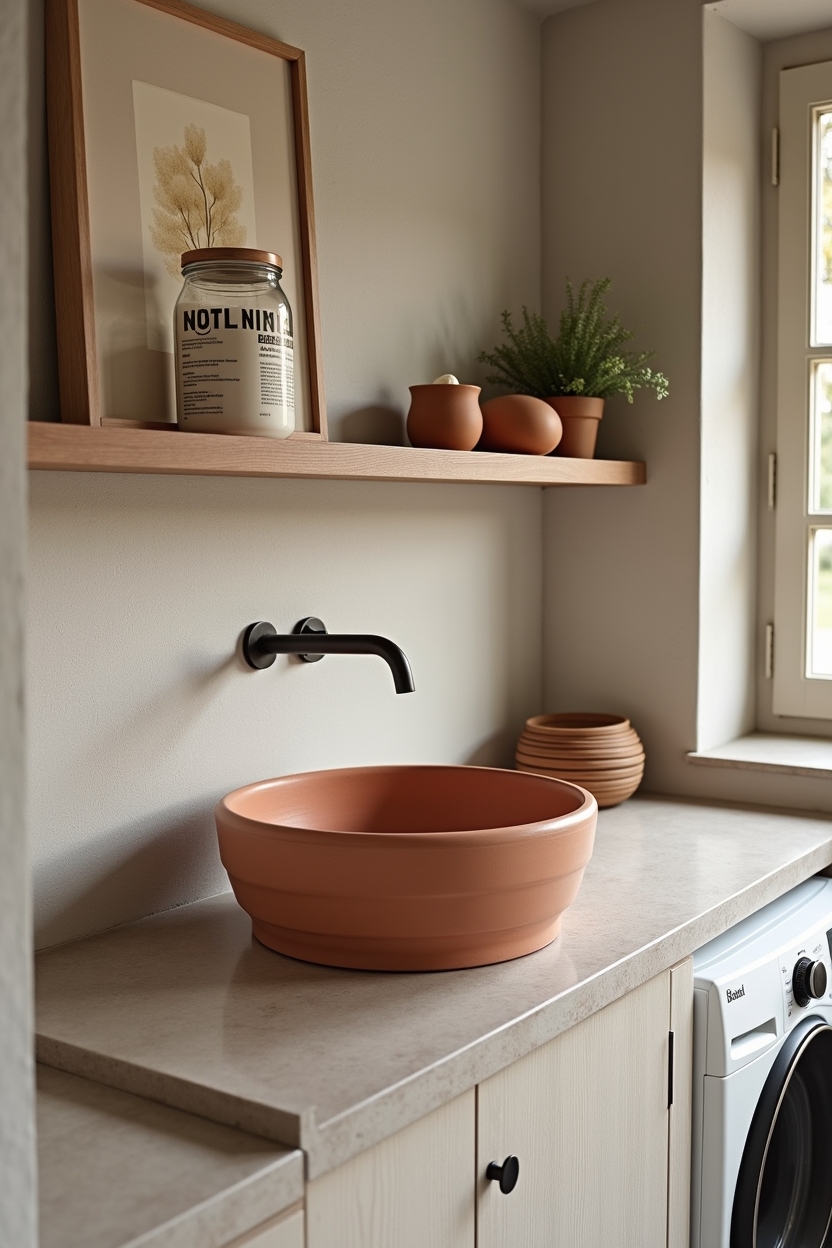 mediterranean laundry room sink area ideas — terracotta basin featuring hand-formed terracotta utility basin