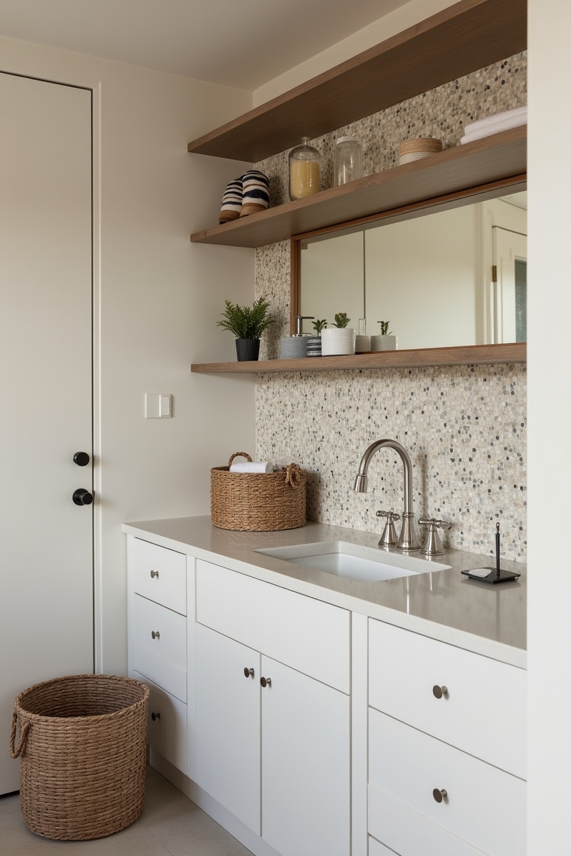 mediterranean laundry room sink area ideas — pebble mosaic panel featuring river-pebble mosaic splash panel