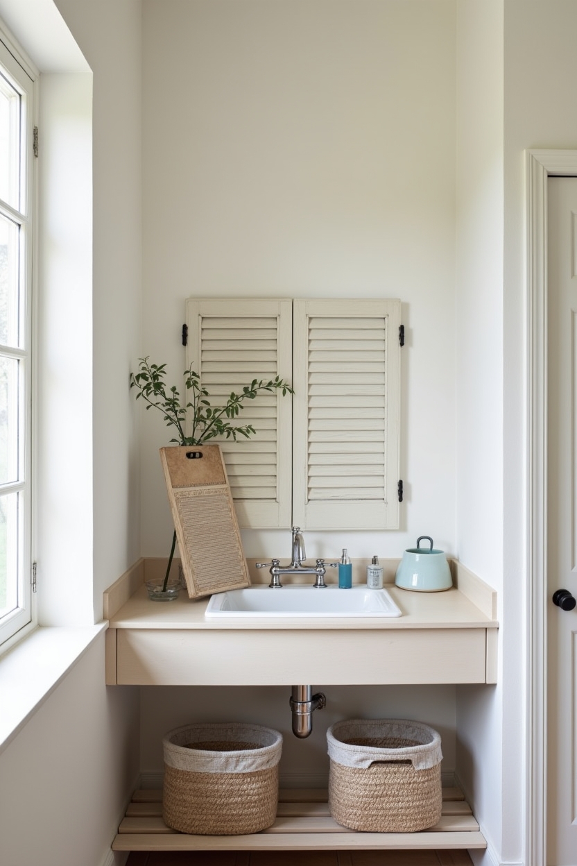 mediterranean laundry room sink area ideas — pair of sun-bleached shutters featuring sun-bleached shutters behind the sink