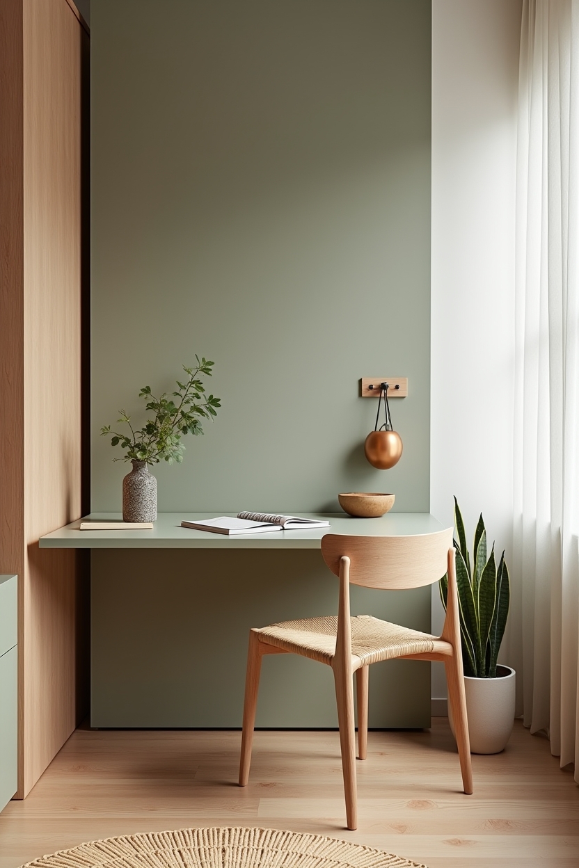 Spring 2026 office trends: what's taking over budget-friendly layouts — fold-down drafting table painted muted sage with brass hardware featuring wall-hinged foldaway drafting table
