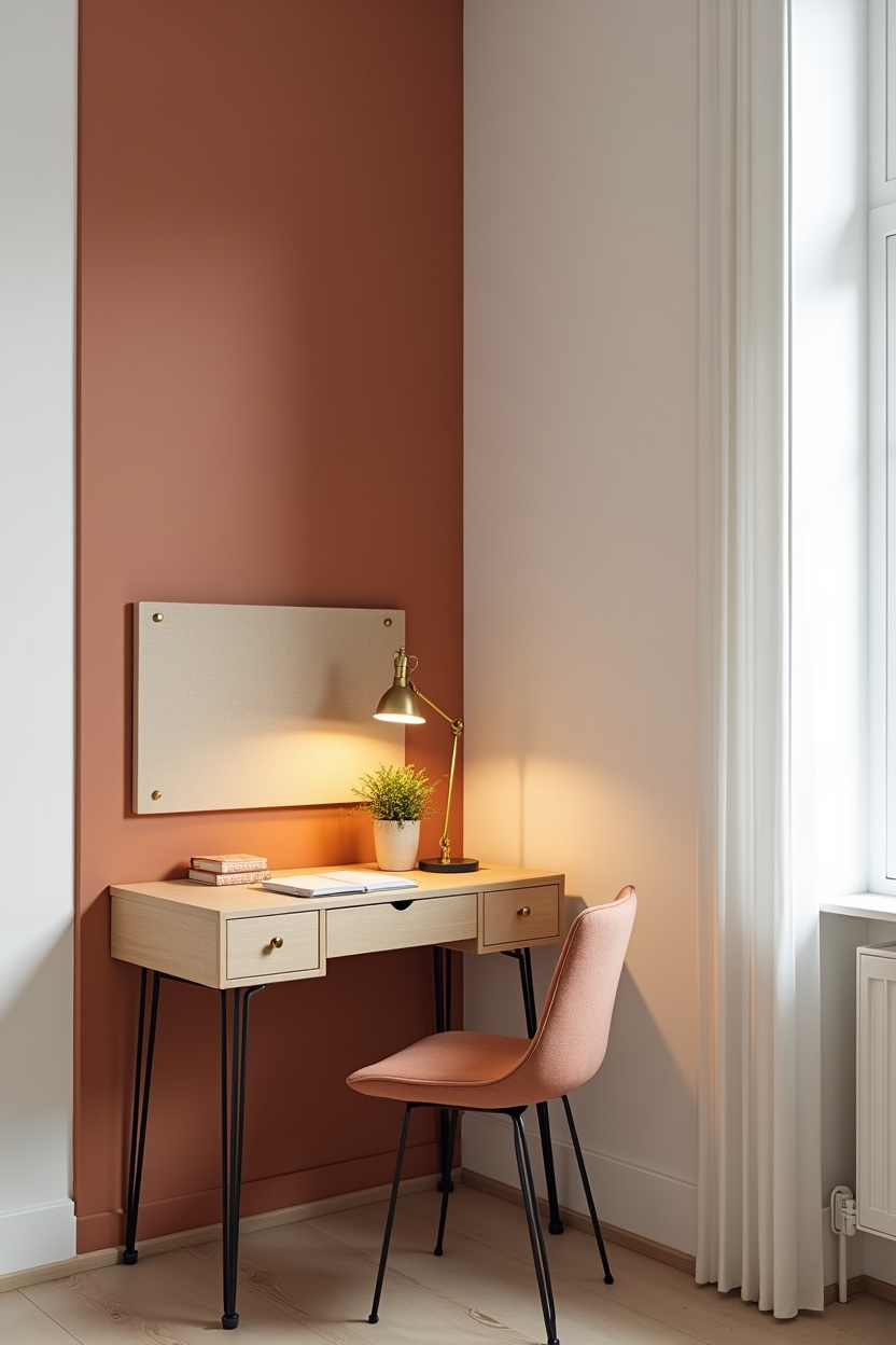 Spring 2026 office trends: what's taking over budget-friendly layouts — desk made from a repurposed dresser drawer on hairpin legs featuring muted terracotta accent wall behind workspace