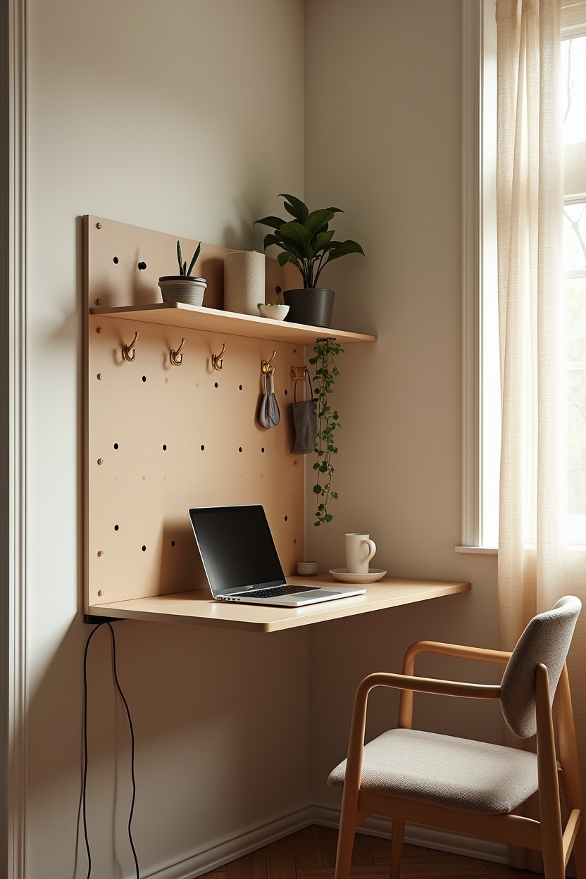 Spring 2026 office trends: what's taking over budget-friendly layouts — painted MDF pegboard wrapping the corner featuring wraparound painted pegboard storage