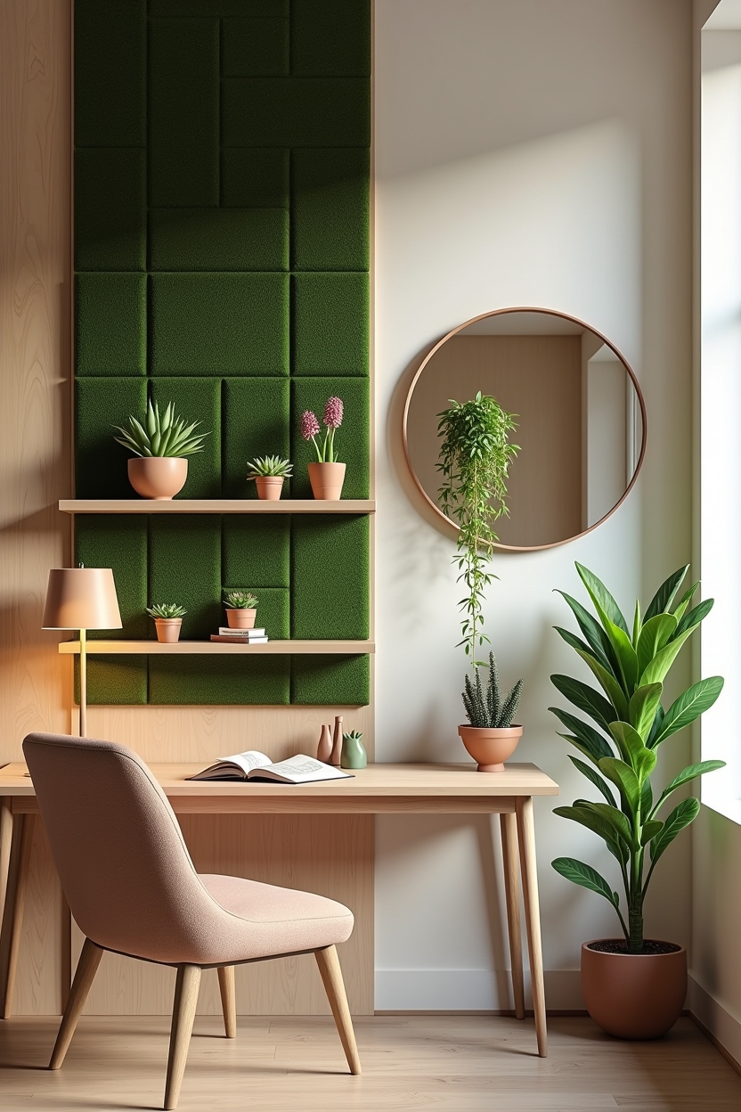 Spring 2026 office trends: what's taking over budget-friendly layouts — cluster of preserved moss tiles mounted above a slim console desk featuring plant-forward styling vignettes with preserved moss tiles