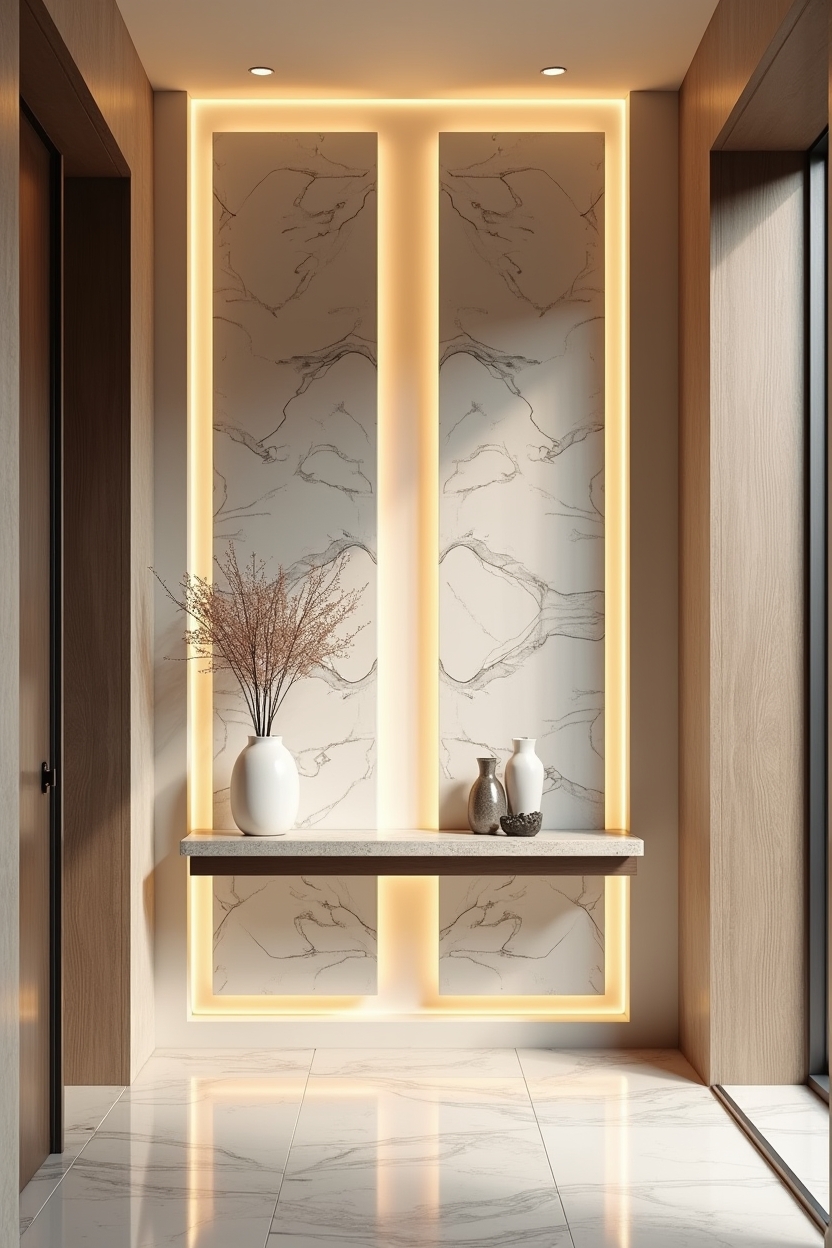 marble entryway wall decor — narrow console table featuring backlit book-matched marble panels