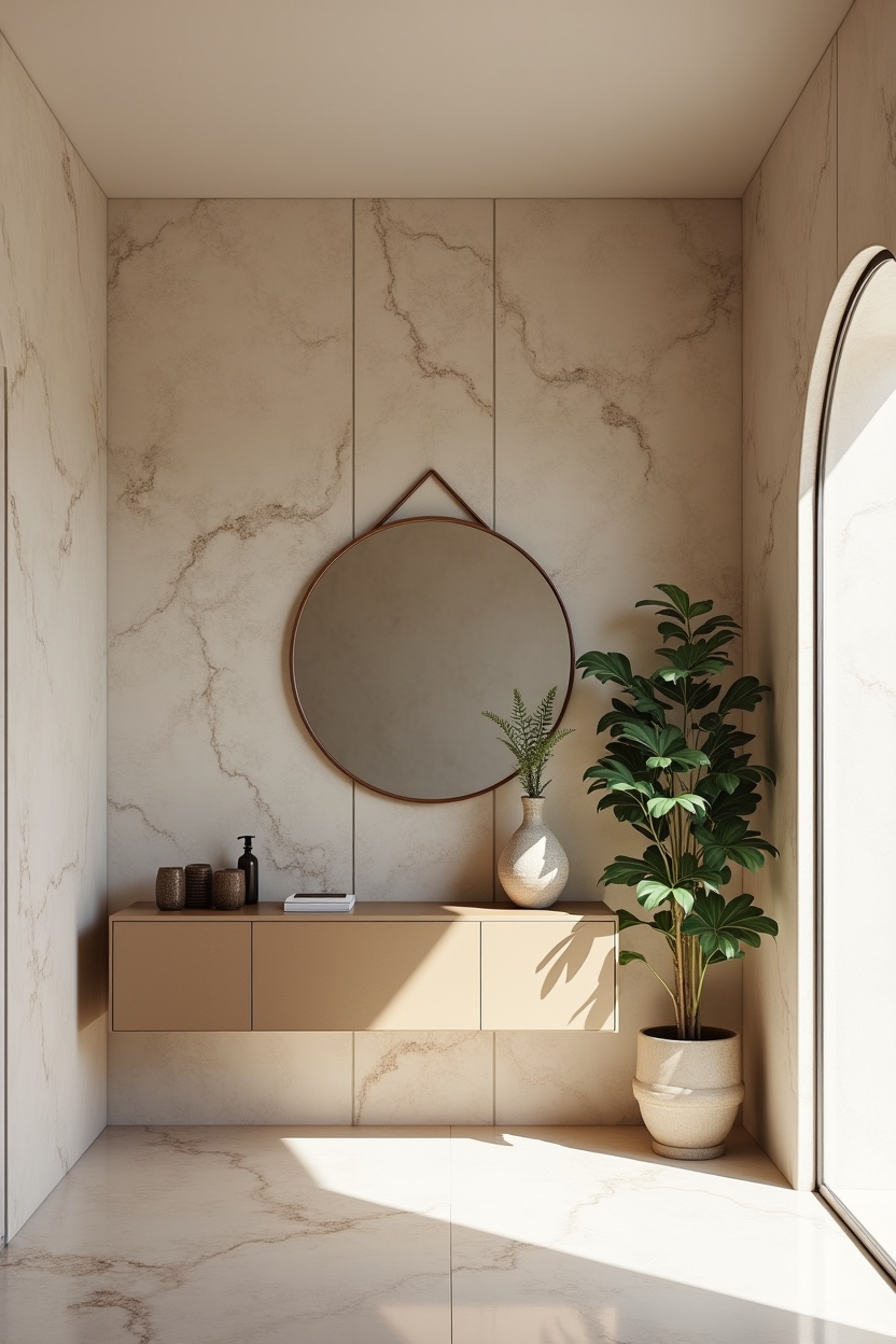 marble entryway wall decor — sculptural mirror featuring oversized porcelain marble-print mural