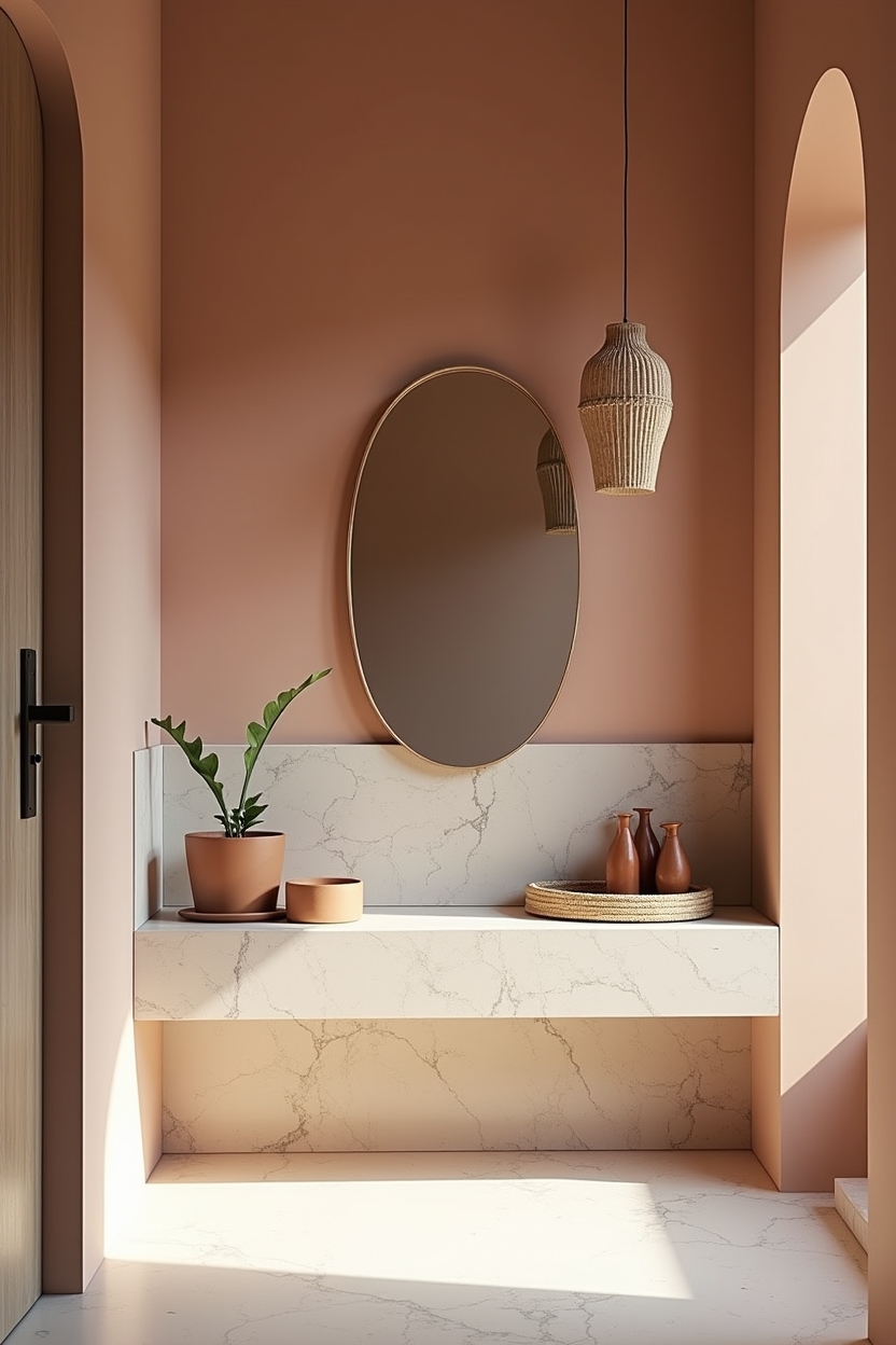 marble entryway wall decor — thin oval mirror featuring horizon-split painted band over marble backing
