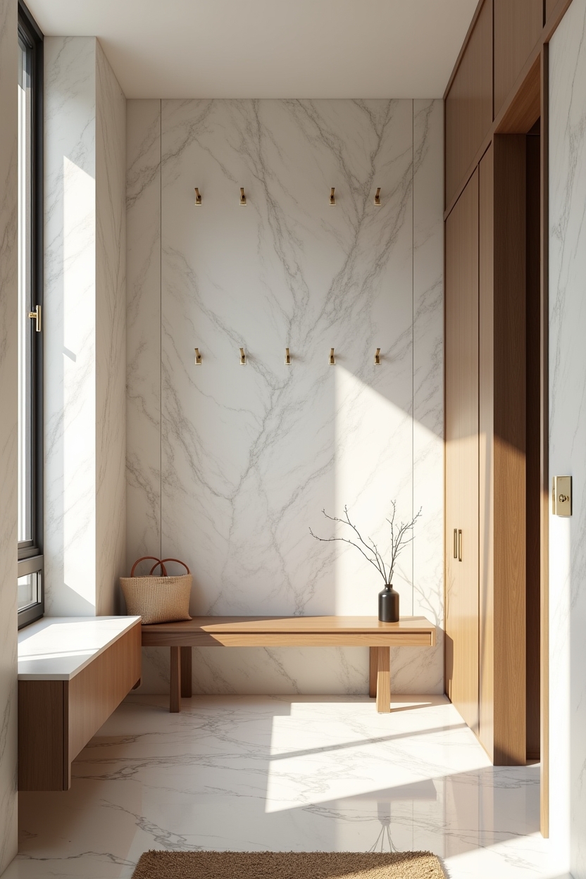 marble entryway wall decor — slim oak bench featuring book-matched full-height marble slab
