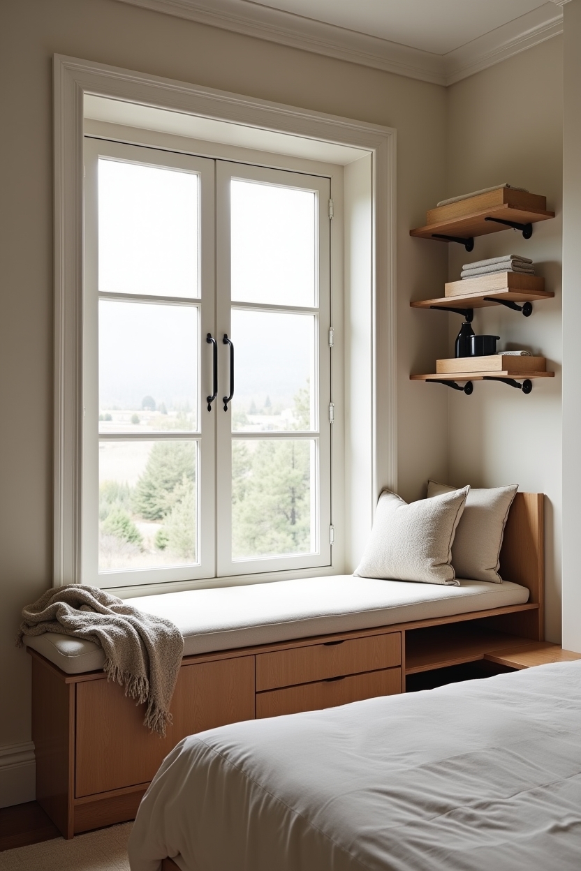timeless luxury bedroom storage ideas — cushioned window seat with lift-top compartments featuring built-in_window_bench_with_hidden_compartments