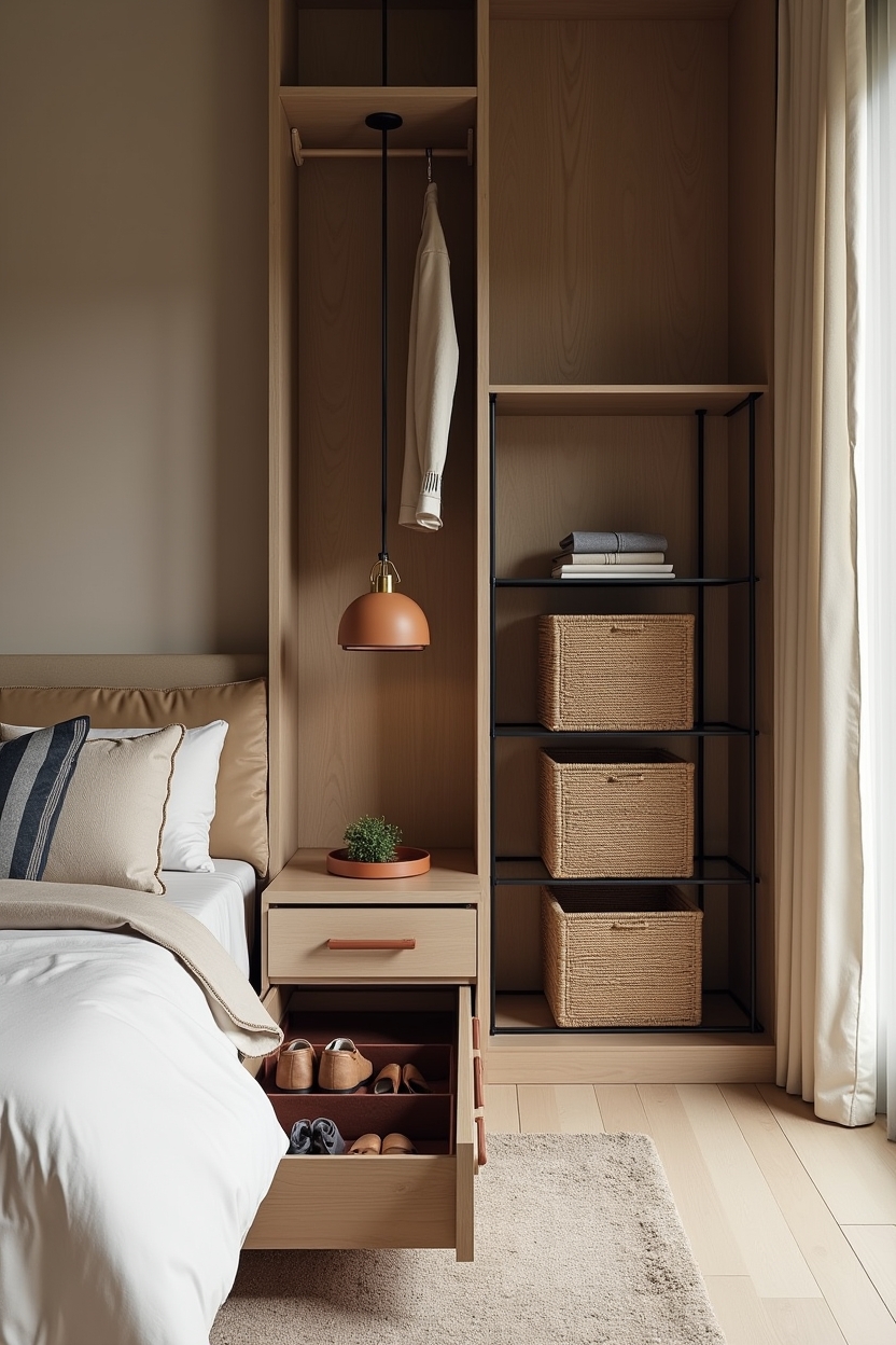 timeless luxury bedroom storage ideas — underbed walnut drawer on castors featuring underbed_recessed_drawers