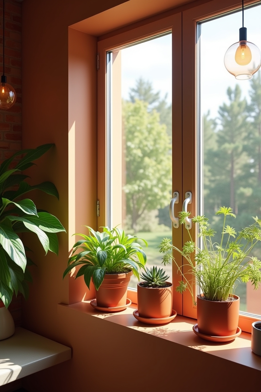 restorative guest room office ideas — narrow terracotta shelf with plant pots featuring terracotta_window_shelf