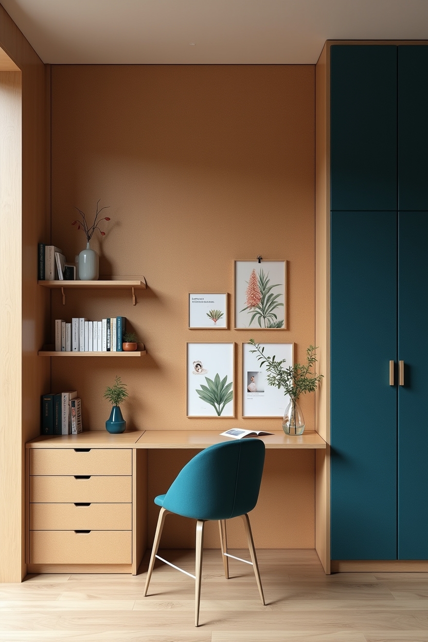 restorative guest room office ideas — peacock_blue_acoustic_panels featuring cork_pinboard_wall