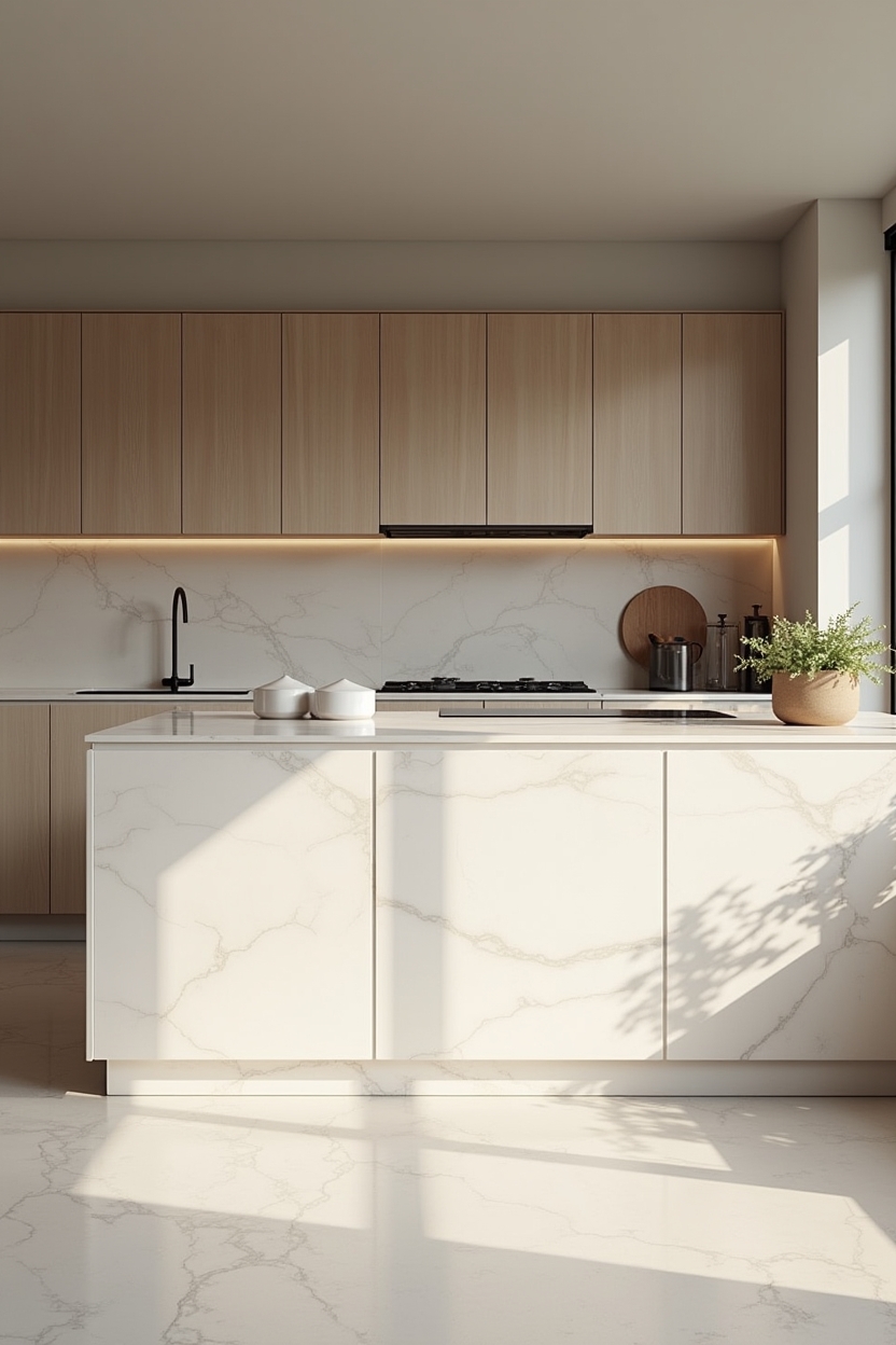 bookmatched large-format veined countertop slab with scalloped/ogee island edge home decor