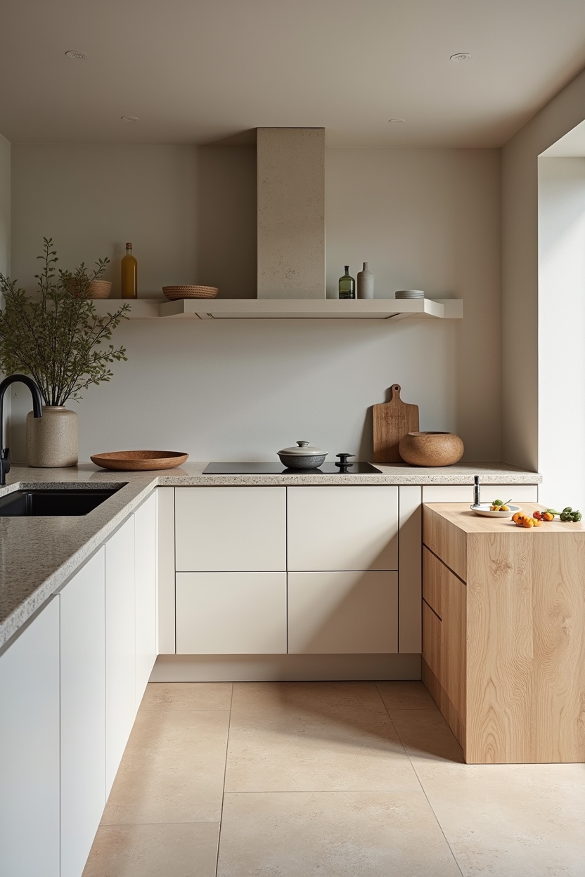reclaimed oak butcher-block counter extension integrated into matte stone run home decor