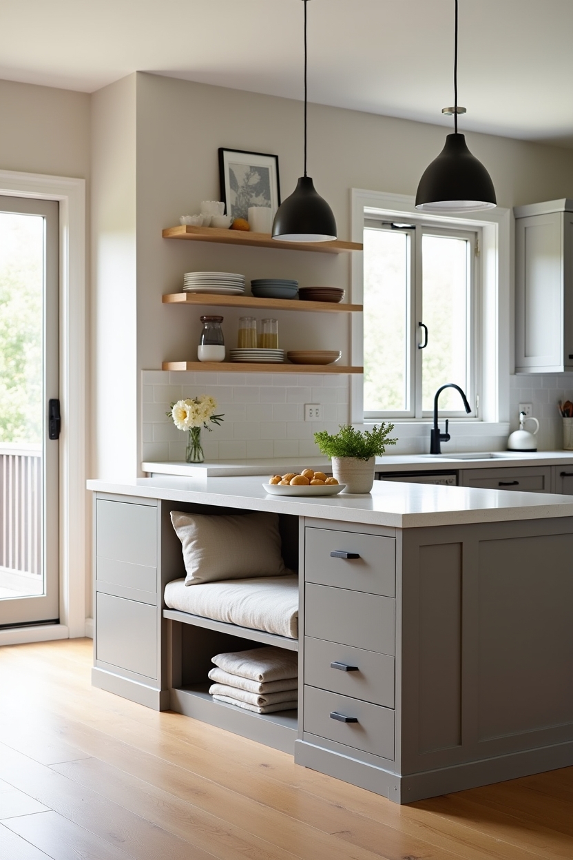 low-profile island with kimono-style open shelving ends home decor