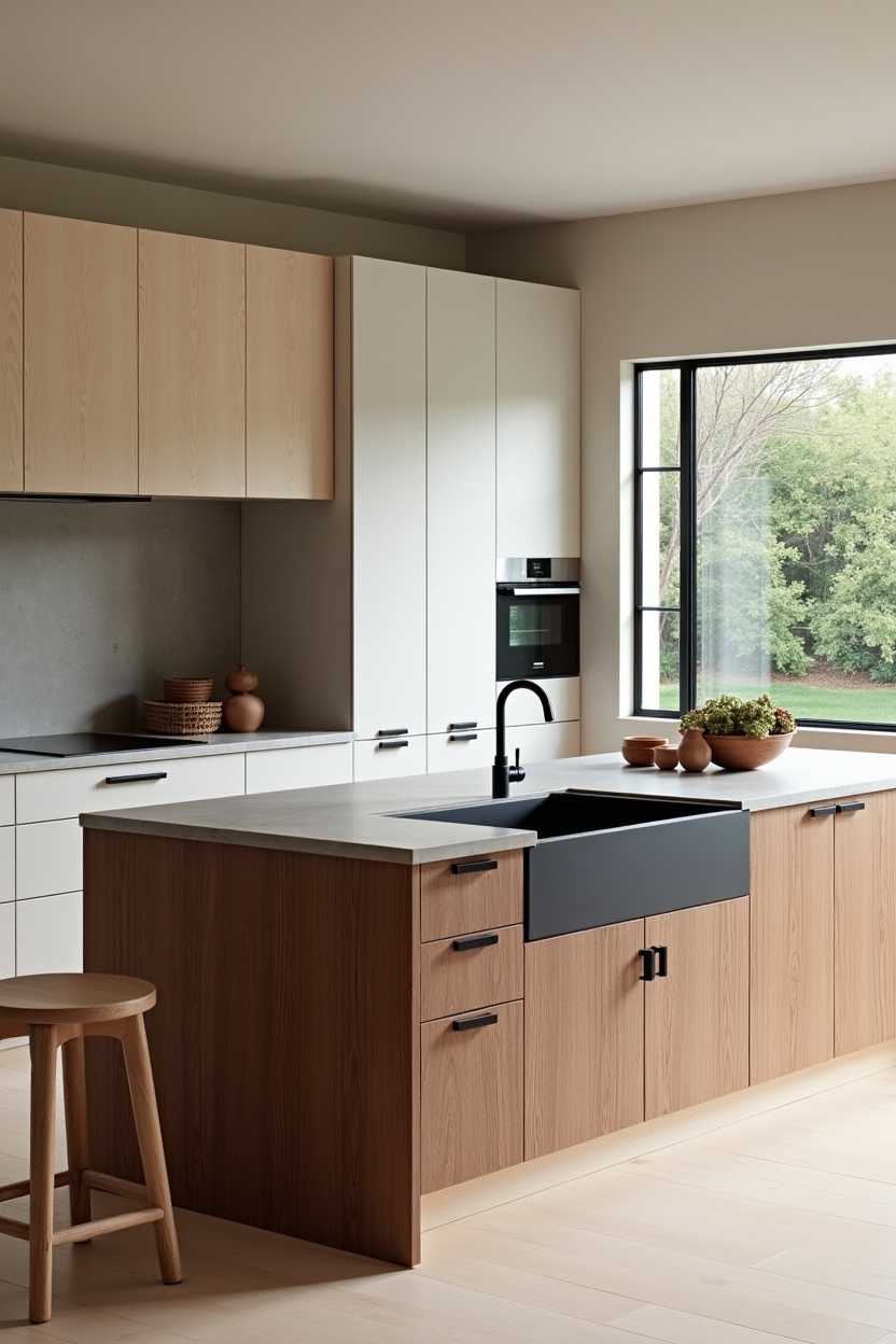 two-tone wood island with integrated trough sink home decor
