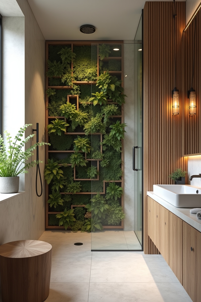 low-maintenance_biophilic_shower_plant_wall home decor