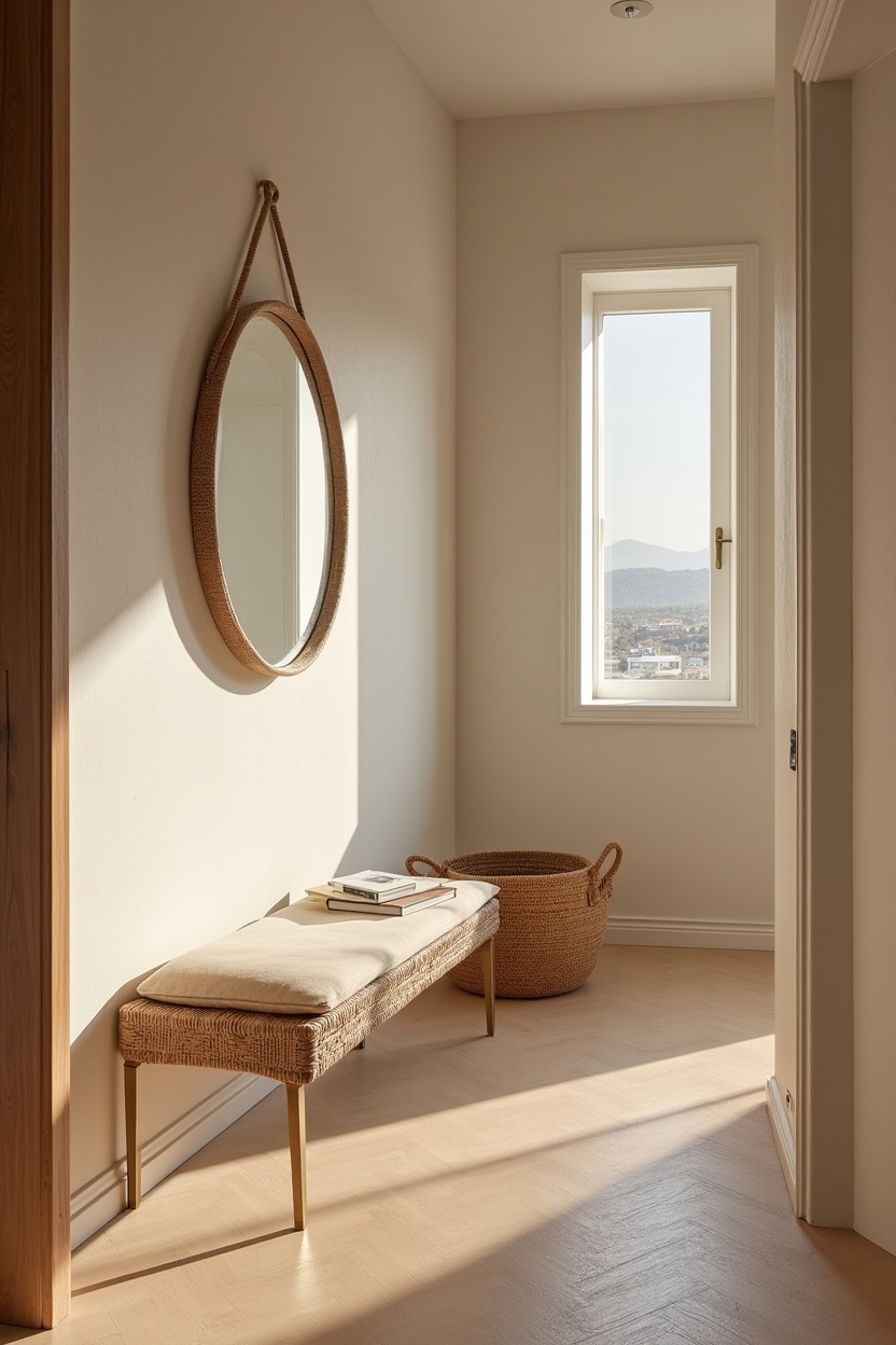 welcoming entryway bench ideas — narrow rattan bench with slim brass feet featuring sculptural rattan bench with brass legs