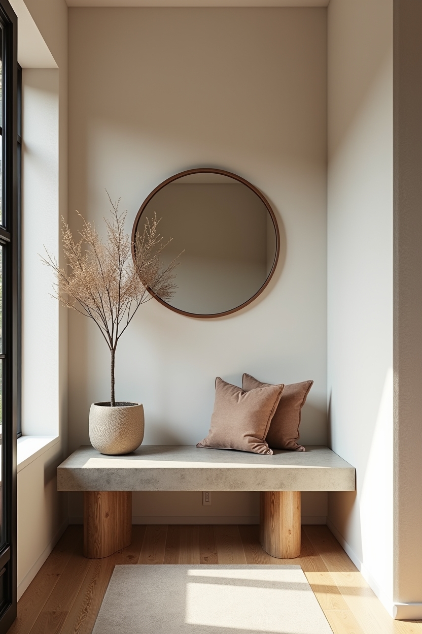 welcoming entryway bench ideas — concrete-top bench with oak base featuring concrete slab seat paired with reclaimed oak base